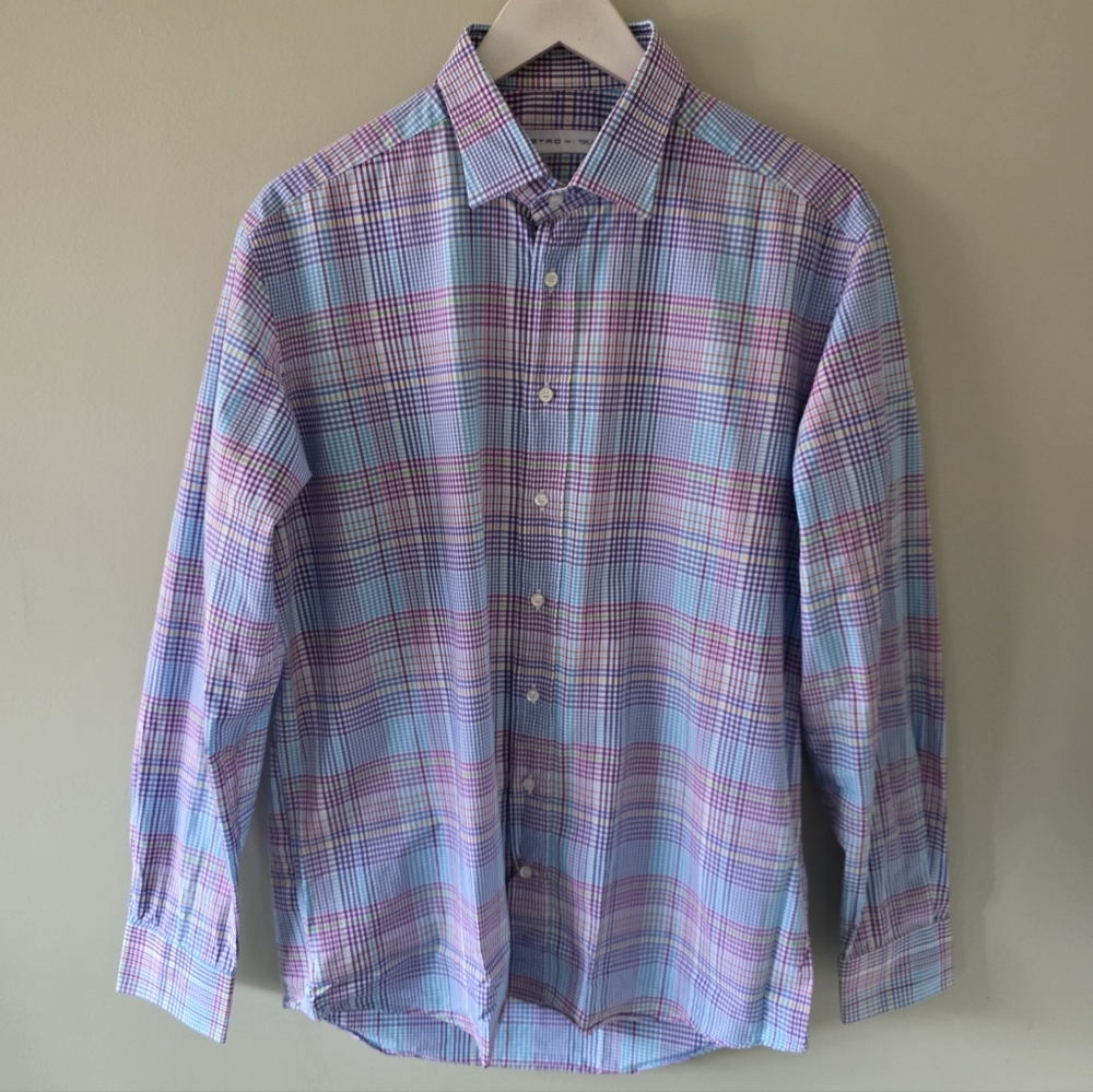 NWOT Etro Italy Rainbow Gingham Dress Shirt Size M M Luxury Eclectic Retro